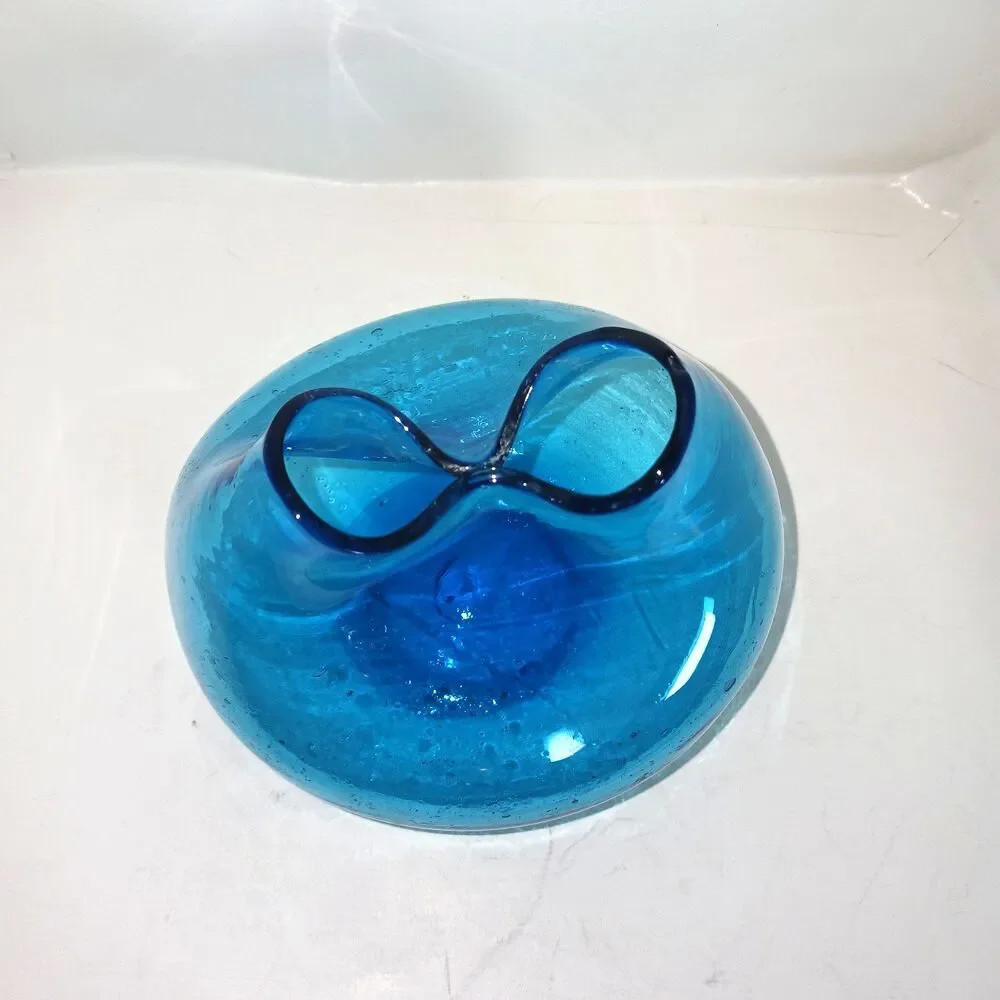 Vintage Blue Blenko 39 Pinched Ivy Bud Vase Mid Century Hand Blown Art Glass